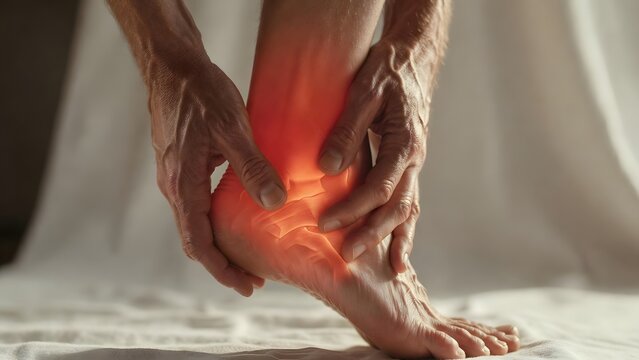 Finger joint pain and hand arthritis. Rheumatoid symptoms and aging health care. Senior person holding a painful finger and knuckles due to inflammation and stiffness