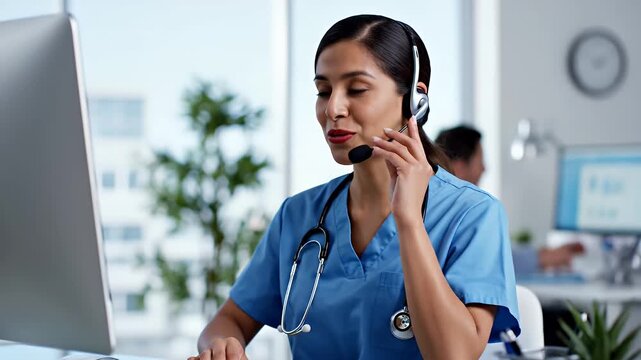 Telemedicine Virtual Care Smiling Doctor - A smiling female doctor wearing a headset and stethoscope provides virtual care via telemedicine.