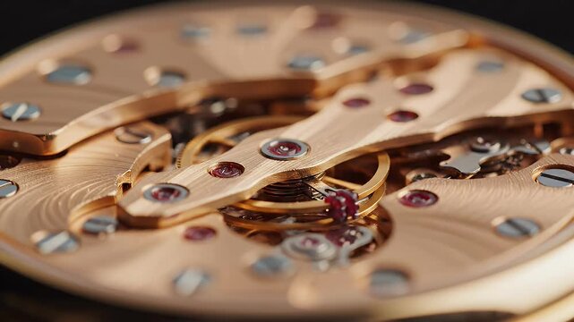 Intricate Gold Watch Mechanism - A close-up shot reveals the internal mechanism of a luxury gold watch, showcasing the fine craftsmanship and delicate arrangement of gears and screws.