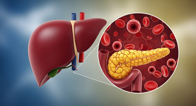 Human liver and pancreas illustration with magnified view of pancreatic cells and red blood stream