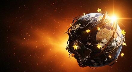 Fototapeta premium A glowing Earth entwined with golden autumn leaves and vines, set against a warm cosmic background. Ideal for environmental campaigns, fall seasonal events, global sustainability,