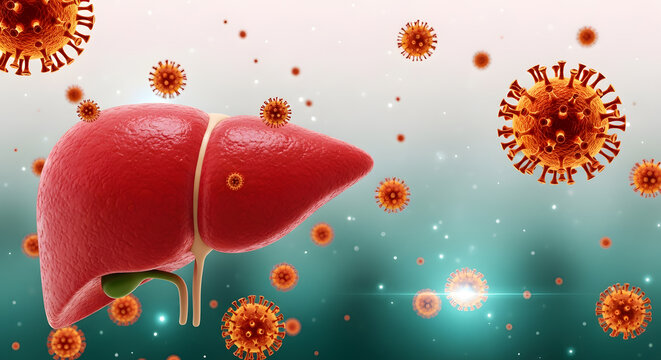 Human liver organ surrounded by numerous microscopic viruses indicating an infectious disease state
