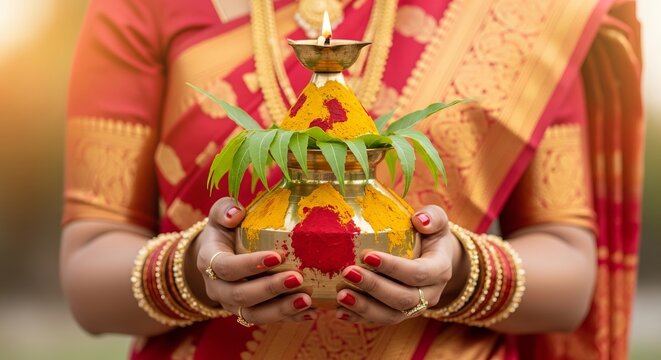 Bonalu Festival, Close-up of an intricately decorated brass Bonum pot adorned with turmeric, vermillion, and fresh neem leaves, featuring a small oil lamp flickering on top