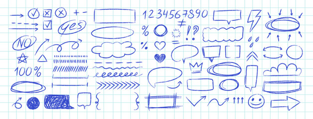 Fototapeta premium Hand drawn blue ink doodles on squared notebook paper featuring arrows, shapes, icons, and speech bubbles. Scribble sketch style icons for notes, annotation, and infographic highlights.