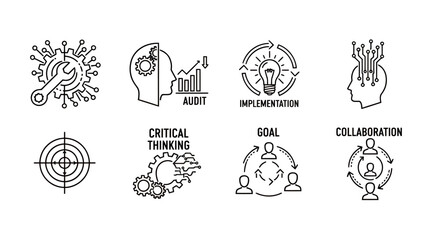 Obraz premium Collection of icons illustrating alert, information, goal, collaboration, and critical thinking concepts.