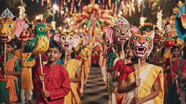 Joyful bengali children in traditional attire celebrate pohela boishakh, parading with vibrant masks on a decorated street.
