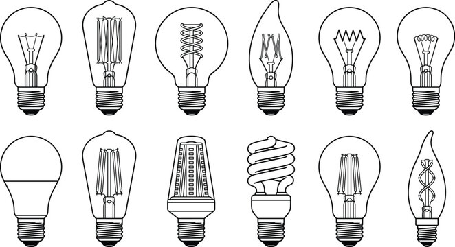 Large collection of light bulb line icons featuring vintage Edison filaments, modern LED lamps, fluorescent spirals, and decorative candle bulbs isolated on white background.