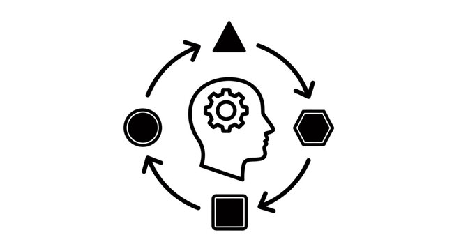 Conceptual illustration of a thinking head with gears and circular workflow arrows.