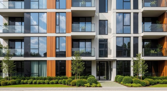 A modern apartment building with white and wood paneling, featuring large glass windows and balconies, with a landscaped front yard and greenery.