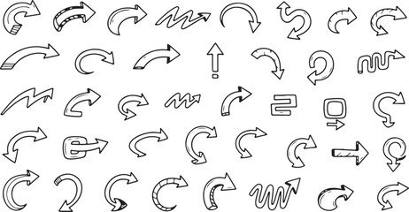 Naklejka premium A comprehensive collection of various hand drawn arrow designs isolated on a plain white background