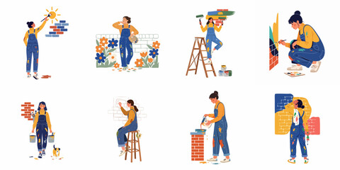 Fototapeta premium Creative female artist character set in denim overalls painting murals, walls and garden scenes with brushes, rollers and paint buckets.