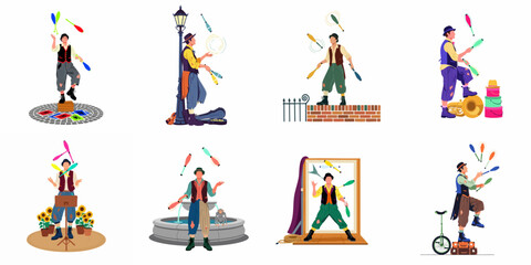 Collection of Vintage Style Street Performers and Jugglers Entertaining in Various Urban and Stage Settings © Renzo