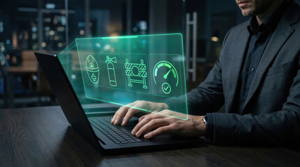 Fototapeta premium Professional businessman using a laptop with a futuristic holographic interface displaying safety icons, occupational health and hazard management symbols in a modern dark office environment
