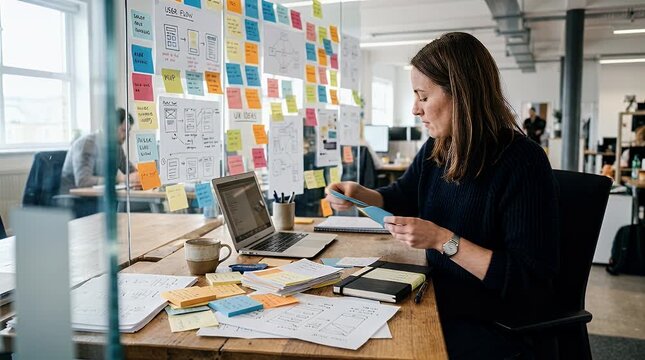 Woman working in modern office with laptop and sticky notes