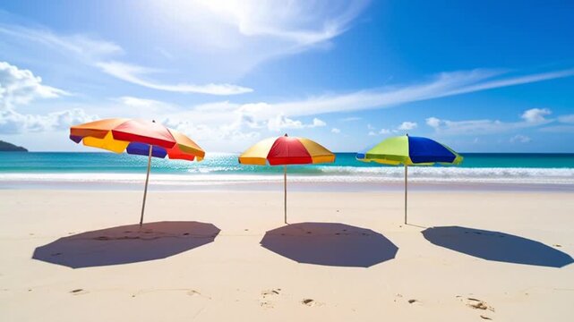 Beach scene with colorful umbrellas.