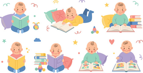 Fototapeta premium Cute Baby Reading Books Collection with Newborn Infants Sitting Lying and Learning with Story Books in Cartoon Vector Illustration Style.