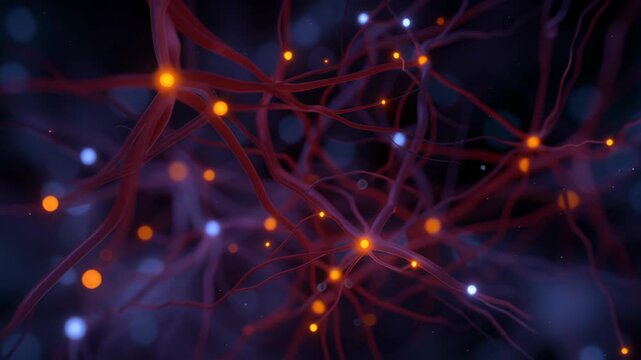 Network signal brain nerve cell neurology science biology neuron synapse connection glowing electric communication pattern dark abstract neural network with bright signal points soft bokeh lights
