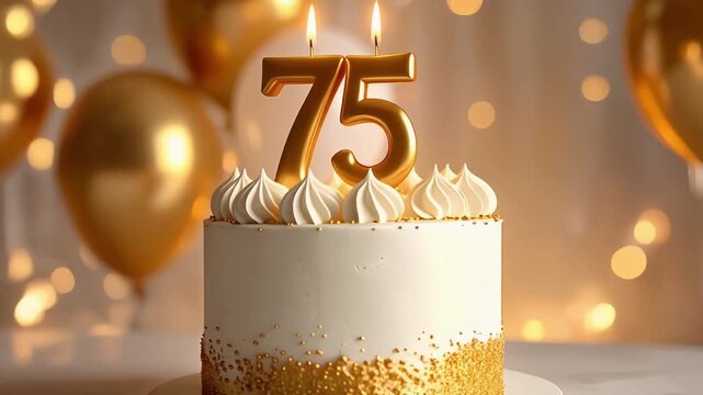Elegant birthday cake with number 75 candle and golden decorations, celebrating a special milestone anniversary with festive atmosphere.