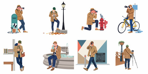 Fototapeta premium Collection of flat vector illustrations depicting a male photographer in various urban scenes, capturing moments with different cameras and gear in a city environment.