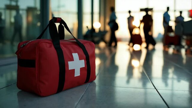 Red emergency medical bag with a white cross placed on the airport floor, with silhouettes of travelers and sunlight in the background, symbolizing travel safety and healthcare readiness.