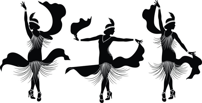Elegant silhouette of three 1920s flapper dancers in vintage fringe dresses with feathered headbands performing a jazz dance on a white background for retro party. (25 words)