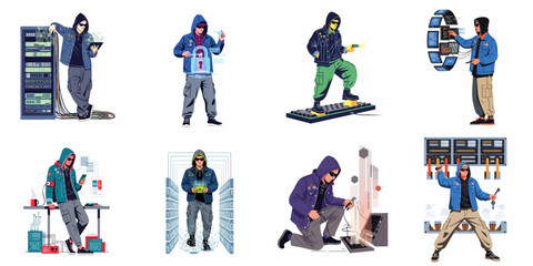 Fototapeta premium Set of Vector Illustrations Featuring Hacker Characters Engaged in Various Cyber Activities, Data Breaches, and Information Security Concepts