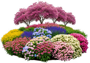 Fototapeta premium A vibrant garden bed featuring blooming pink dogwood trees above hydrangeas and colorful perennials