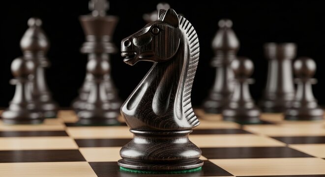 chess, a hand-carved dark ebony wooden knight piece on a matching checkered board, extreme detail on organic wood grain and polish