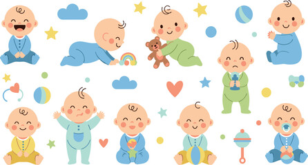 Fototapeta premium Cute Baby Boys Activities Collection with Newborn Infants Sitting Crawling Playing and Smiling in Adorable Cartoon Vector Illustration Style.