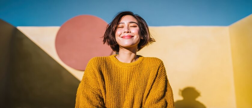 Happy Asian woman smiling with eyes closed wearing a yellow textured sweater against a modern architectural wall for lifestyle advertising and wellness content