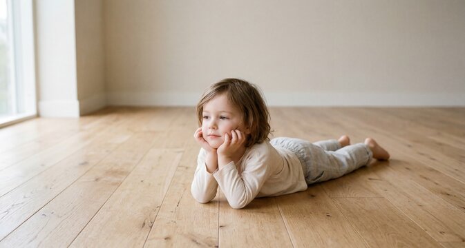 Child lying on bare floor looking thoughtful in bright room  