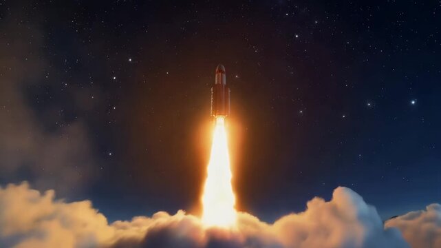 A powerful space rocket blasting off into the night sky through a thick layer of golden clouds