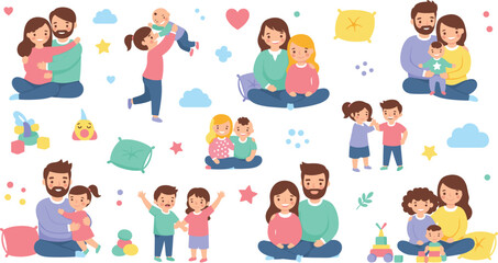 Fototapeta premium Happy Family with Children Collection Showing Parents and Kids Playing Hugging and Spending Time Together in Cartoon Vector Illustration Style.