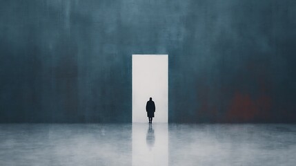 Obraz premium A solitary figure stands before a bright, open doorway in a vast, dark, abstract space, evoking themes of mystery and transition.