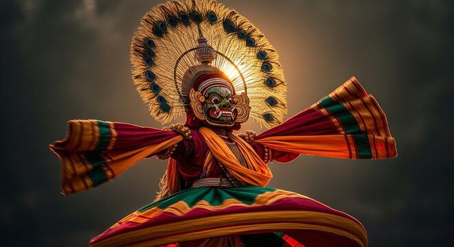 Chhau Mask Festival, a performer in a fierce traditional demon mask mid-action, swirling colorful silk costumes and peacock feather headdress