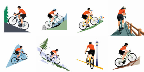 Collection of flat vector illustrations featuring diverse male and female road cyclists training, climbing, and riding in various outdoor environments.