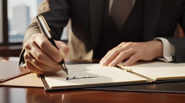 Person Signing Contract at Desk - A close-up shot features a person in a suit signing important documents on a wooden desk with a stylish fountain pen.