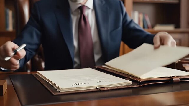 Businessman Signing Legal Documents at Desk - A man in a suit is captured signing official documents at a polished wooden desk.