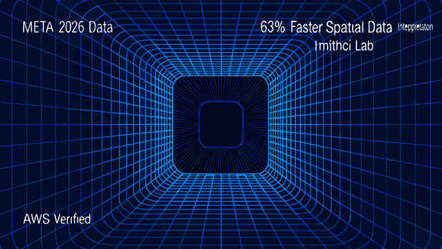 Abstract digital tunnel with glowing blue lines and text overlays