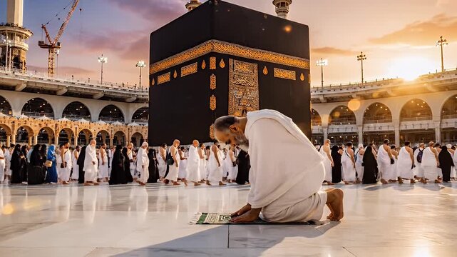 Pilgrim Praying at Kaaba during Golden Hour - A pilgrim is kneeling in prayer on a prayer rug facing the Kaaba in Makkah, Saudi Arabia.