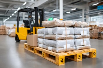 Naklejka premium Pallet with packages and forklift in warehouse