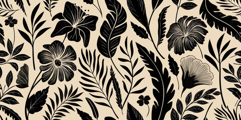 Elegant black and beige botanical illustration featuring various tropical leaves © Anik