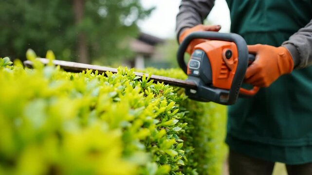 The hedge trimmer shaping vibrant green garden hedges during sunny backyard landscaping work.