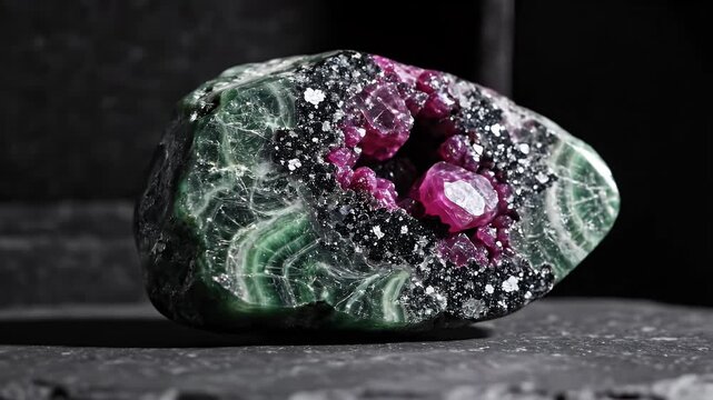 Raw Zoisite with Ruby Gemstone Specimen - This striking video features a raw zoisite gemstone with a natural formation of ruby crystals nestled inside.