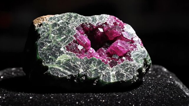 Raw Ruby in Zoisite Gemstone - A raw ruby gemstone sits within a bed of sparkling zoisite under dramatic lighting.