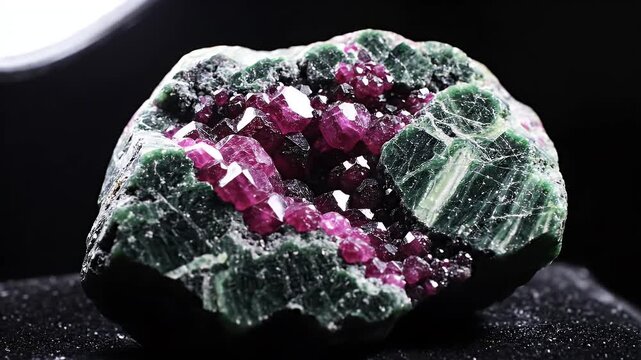 Raw Zoisite with Ruby Gemstone Detail - A close-up shot displays a raw zoisite stone formation, featuring vibrant ruby crystals embedded within its green matrix.