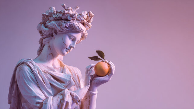 a female greek god statue holding an orange with leaf, soft lighting, pastel light purple color background