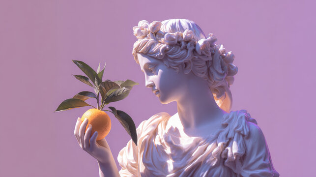 a female greek god statue holding an orange with leaf, soft lighting, pastel light purple color background
