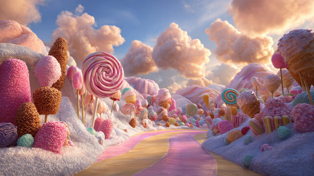 oversized lollipops, candy canes, and gumdrops lining the path, soft pastel-colored cotton candy clouds floating in the sky