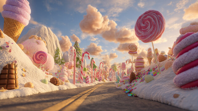 oversized lollipops, candy canes, and gumdrops lining the path, soft pastel-colored cotton candy clouds floating in the sky